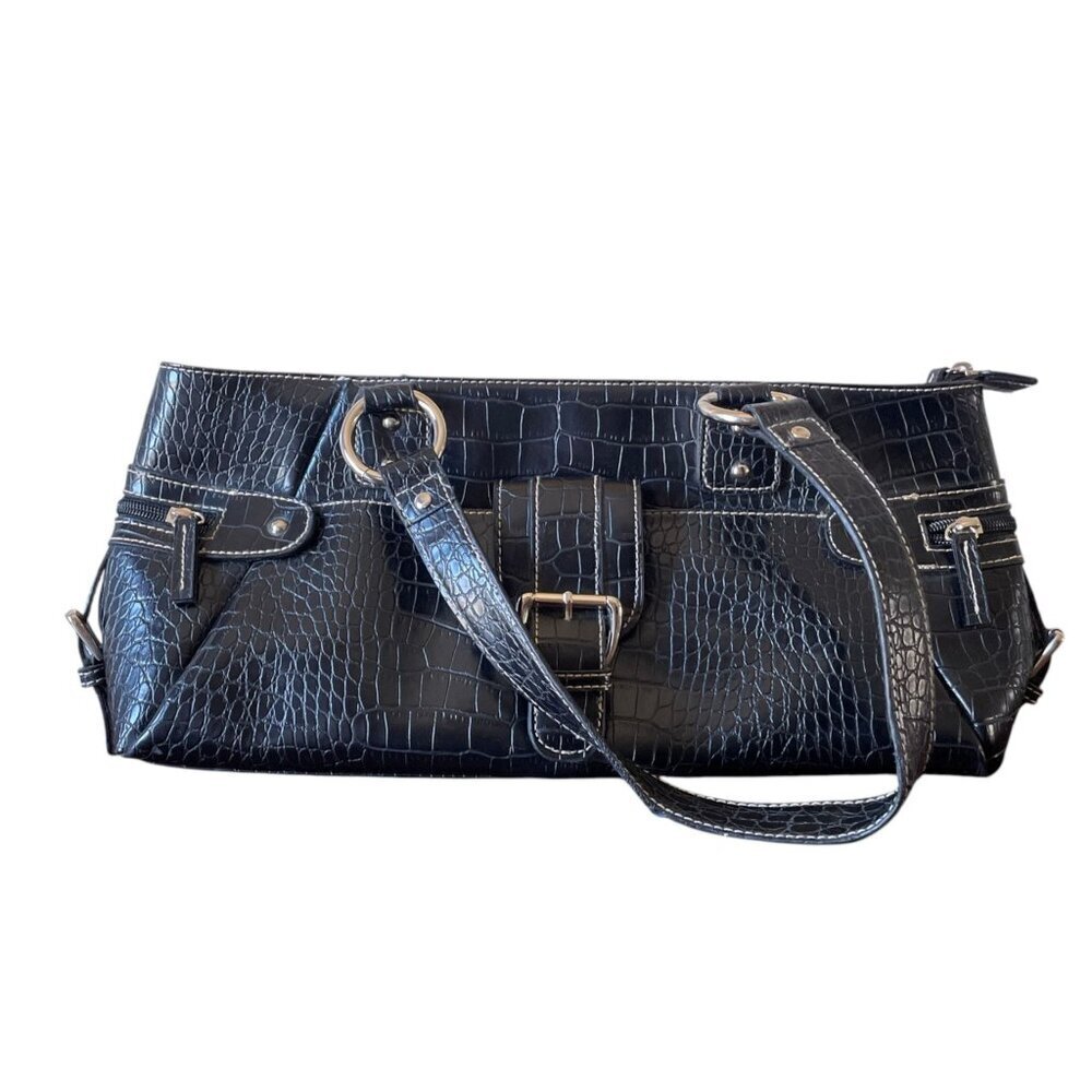 Y2K Vegan Leather Croc Embossed Rectangle Shoulder Bag 2000's Vintage - Picture 9 of 13